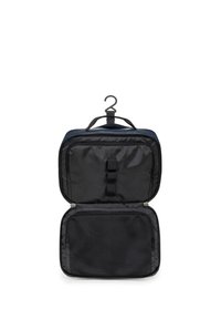 Neceser de viaje negro con gancho, abertura con cremallera, compartimento de malla y asa plana para facilitar su transporte y organización.