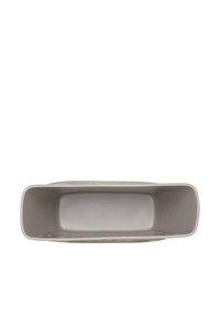 Panier de rangement rectangulaire en plastique gris clair. Doté d'une surface lisse avec des accents perforés pour la ventilation. Convient à divers usages.
