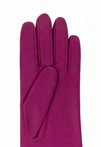 Purple leather glove with five fingers, featuring a smooth texture and a snug fit. The palm is designed for easy grip and comfort.