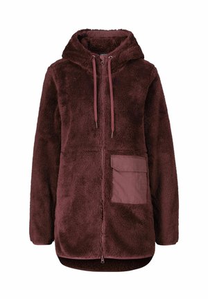 Fleece-Übergangsjacke in dunklem Burgunderrot mit Kapuze, Kordelzügen, Fronttasche aus leichterem Material und lockerer Passform. Weicher Stoff.