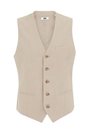 Beige formeel herenvest met vijf knopen, drie voorzakken en een V-halskraag, gemaakt van een gestructureerde stof.