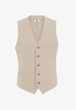 Beige formeel herenvest met vijf knopen, drie voorzakken en een V-halskraag, gemaakt van een gestructureerde stof.