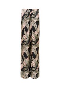 Pantaloni palazzo con una base nera e un audace motivo a foglia in verde, beige e rosso, dotati di una vita elastica per il massimo comfort.