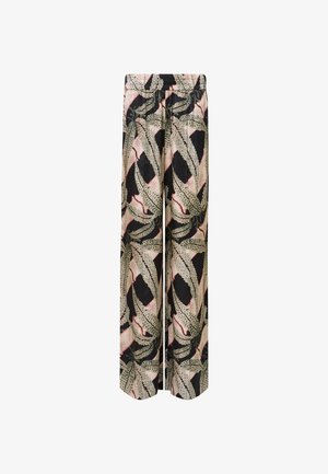 Palazzo pants featuring a black base with a bold leaf pattern in green, beige, and red, with an elastic waistband for comfort.