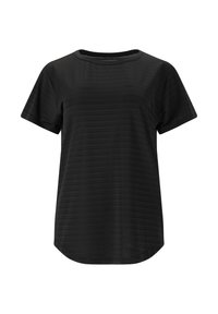 Sort kortærmet t-shirt med rund halsudskæring, der har en subtil stribet tekstur og en buet kant. Fremstillet af letvægtsstof.