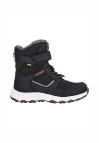 Schwarze Winterstiefel mit einer strukturierten synthetischen Oberseite, grauem Kunstpelzfutter, hellbraunen Akzenten, verstellbarem Klettverschluss und Schnürverschluss.