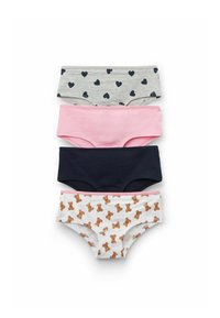 Cuatro pares de ropa interior de algodón: Diseño en gris con corazones navys, rosa, navy y blanco con estampado de ositos. Cinturas elásticas, textura suave.