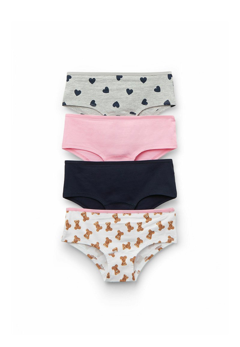 Cuatro pares de ropa interior de algodón: Diseño en gris con corazones navys, rosa, navy y blanco con estampado de ositos. Cinturas elásticas, textura suave.