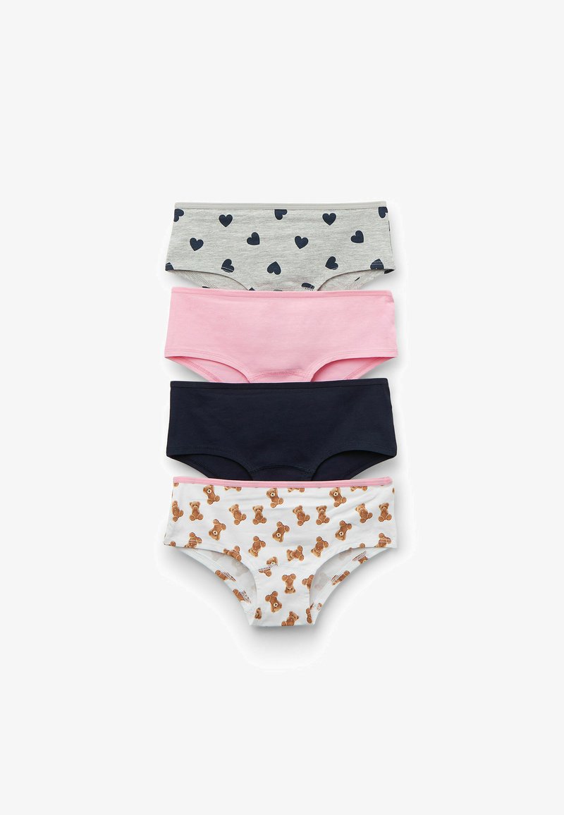 Cuatro pares de ropa interior de algodón: Diseño en gris con corazones navys, rosa, navy y blanco con estampado de ositos. Cinturas elásticas, textura suave.