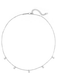 Srebrny naszyjnik z delikatnym łańcuszkiem, ozdobiony pięcioma małymi, okrągłymi kryształowymi akcentami równomiernie rozmieszczonymi wzdłuż całej długości. Z regulowanym zapięciem.