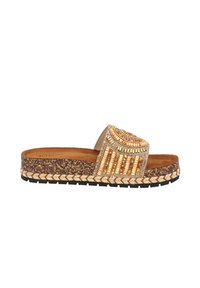 Gebeade slide-sandaal met een beige bovenkant, kleurrijk beadpatroon, kurken tussenzool en zwarte rubberen buitenzool. Vlak ontwerp met een brede band.