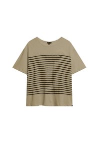 Beige t-shirt med korte ærmer, der har vandrette sorte striber, rund halsudskæring og et lille sort logo på venstre bryst.