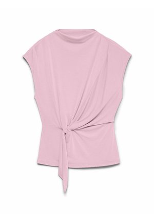 Blouse rose clair sans manches avec un col montant et un détail de nœud latéral créant un effet froncé à la taille.