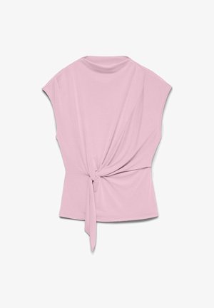 Blouse rose clair sans manches avec un col montant et un détail de nœud latéral créant un effet froncé à la taille.