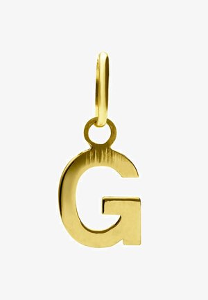 Goldener Buchstabe "G" Anhänger mit polierter Oberfläche und rundem Sprungring zur Befestigung. Einfaches Design, glatte Textur und markante Form.
