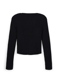 Maglietta nera a maniche lunghe con orlo corto. Presenta un collo rotondo e una forma aderente, realizzata in un tessuto morbido e testurizzato.