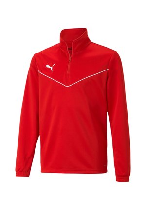 Pullover rosso a maniche lunghe con zip a quarto di giro, caratterizzato da linee bianche di accento e un logo Puma sul petto. Realizzato in un tessuto liscio e leggero.