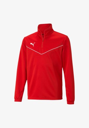 Pullover rosso a maniche lunghe con zip a quarto di giro, caratterizzato da linee bianche di accento e un logo Puma sul petto. Realizzato in un tessuto liscio e leggero.