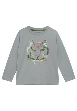 Helles grau langärmliges Shirt mit einem bunten Tigerkopf-Design, aus weichem Material mit Rundhalsausschnitt und gerippten Bündchen.