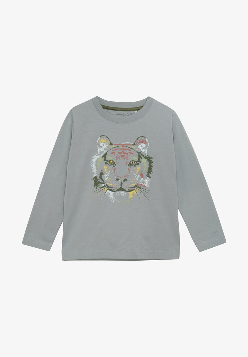 Camisa de manga larga gris claro con un gráfico de cara de tigre colorido, hecha de tela suave, con cuello redondo y puños acanalados.