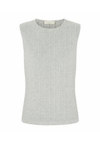 Jasnoszara bezrękawnik z prążkowanym wzorem, okrągłym dekoltem i luźnym krojem. Miękka tkanina i brak widocznych elementów metalowych lub wzorów.