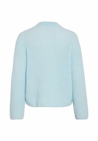 Hele sinine kampsun soonikkoes, lühendatud disainiga ja pikkade varrukatega, ümara kaelusega ja lõdva istuvusega.