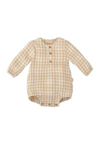 Mono de cuadros beige de tela ligera. Presenta mangas largas, cuello redondo y cuatro botones de madera en la parte delantera.