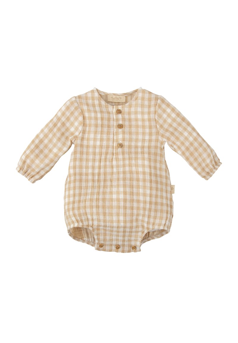 Mono de cuadros beige de tela ligera. Presenta mangas largas, cuello redondo y cuatro botones de madera en la parte delantera.
