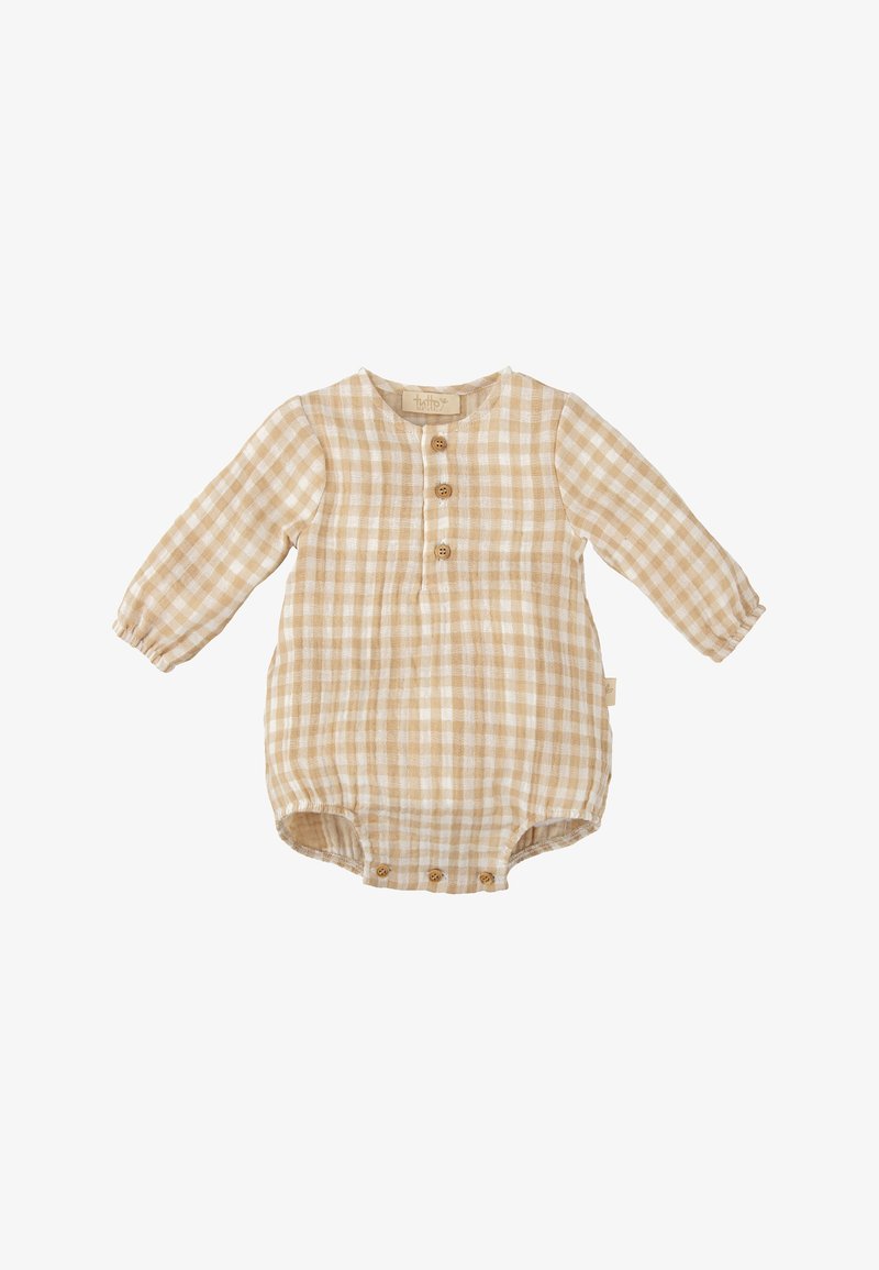 Mono de cuadros beige de tela ligera. Presenta mangas largas, cuello redondo y cuatro botones de madera en la parte delantera.