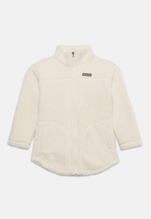 Veste polaire couleur crème avec fermeture éclair intégrale, col montant, manches longues, deux poches avant et petit logo Columbia sur la poitrine.