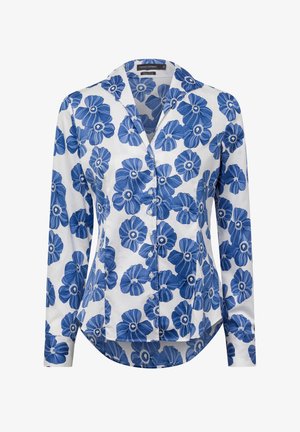 Weißes Hemd mit Knopfleiste und floralem Muster, das blaue Blumen und detaillierte Verzierungen zeigt. Mit langen Ärmeln und klassischem Kragen.