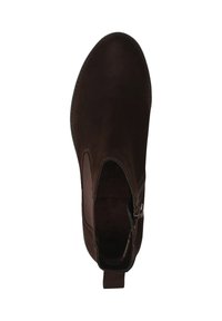 Braune Wildleder-Ankle-Boots mit einem seitlichen Reißverschluss, einem elastischen Einsatz und einer Zuglasche an der Rückseite für ein einfaches Anziehen; glatte Textur und abgerundete Zehenform.