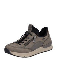 Gray suede sneaker with black accents, featuring elastic laces, a side zipper, and a textured sole. Lightweight and modern design.