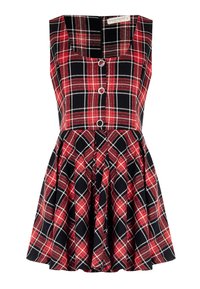 Abito a quadri rosso e nero con scollatura quadrata, bottoni sul davanti e gonna plissettata. Realizzato in un tessuto testurizzato con un motivo a scacchi.