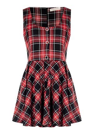 Abito a quadri rosso e nero con scollatura quadrata, bottoni sul davanti e gonna plissettata. Realizzato in un tessuto testurizzato con un motivo a scacchi.