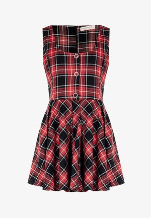Abito a quadri rosso e nero con scollatura quadrata, bottoni sul davanti e gonna plissettata. Realizzato in un tessuto testurizzato con un motivo a scacchi.