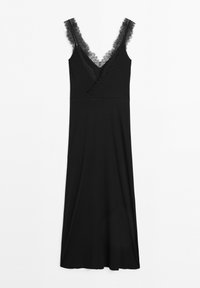 Black sleeveless long dress with V-neckline and lace trim along the straps and neckline on a plain background.