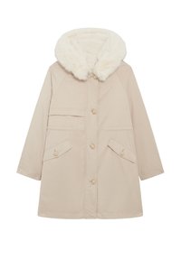 Beige parka jack featuring een met nepbont gevoerde capuchon, knoopsluitingen, twee voorzakken en een ontspannen pasvorm ontwerp. Soepele textuur.