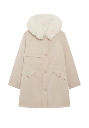 Beige Parkajacke mit einer gefütterten Kapuze aus Kunstfell, Knopfverschlüssen, zwei Fronttaschen und einem lässigen Schnitt. Glatte Textur.