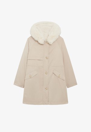 Beige parka jack featuring een met nepbont gevoerde capuchon, knoopsluitingen, twee voorzakken en een ontspannen pasvorm ontwerp. Soepele textuur.