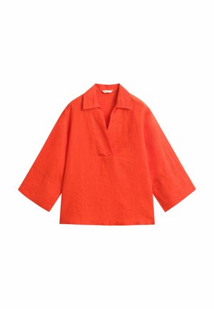 Helderoranje blouse met lange mouwen, brede mouwen en een diepe V-hals, gemaakt van gestructureerde stof.