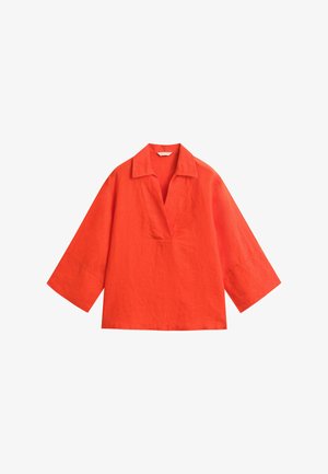 Helderoranje blouse met lange mouwen, brede mouwen en een diepe V-hals, gemaakt van gestructureerde stof.