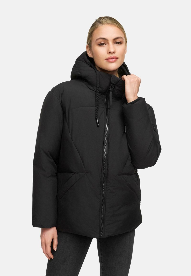 Black puffer jacket with a hood, a zip front closure, and large side pockets. Features a geometric quilted pattern and elastic drawstrings.