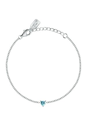Silver chain bracelet with a small heart-shaped blue gemstone and an adjustable clasp with a "LAPETITE STORY" tag.