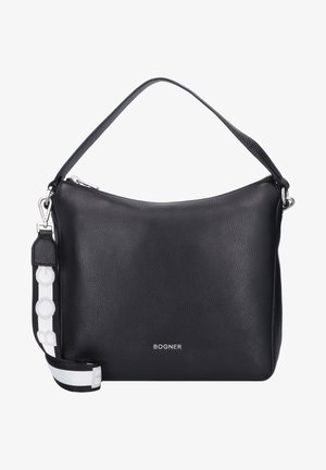 Bolso de mano de cuero negro con un acabado texturizado. Presenta un asa superior y una correa desmontable con acentos blancos. Logo visible en la parte frontal.