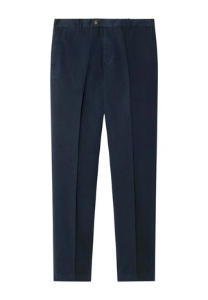 Pantalon bleu marine à jambes droites avec pli devant, poches latérales, passants pour ceinture et fermeture par bouton à la taille.