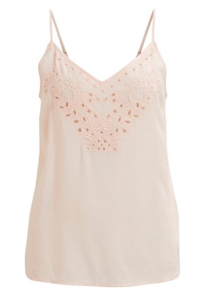 Jasnoróżowa, bezrękawnikowa koszulka na cienkich ramiączkach z kwiatową ażurową haftowaną dekoracją na wysokości klatki piersiowej.