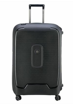 Hard-shell suitcase in black with a textured hexagonal pattern. Features a telescopic handle and four spinner wheels for mobility.