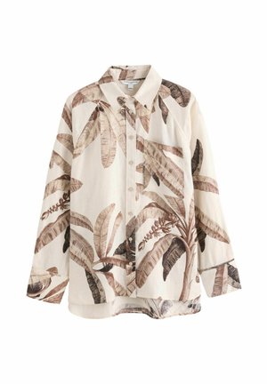Chemise à manches longues boutonnée avec fond beige et imprimé de feuilles botaniques marron, avec col et poche avant.