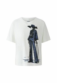 Weißes Baumwoll-T-Shirt mit einer blauen Linienzeichnung einer Figur in einem breiten Hut, die einen langen Mantel und eine Hose trägt.